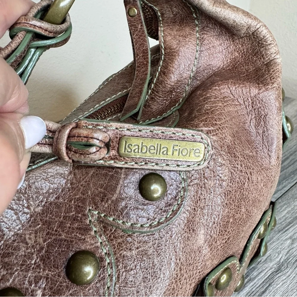 Isabella Fiore Oasis Hobo Brown Distressed Leather Brass Studded Shoulder Bag - Picture 6 of 16